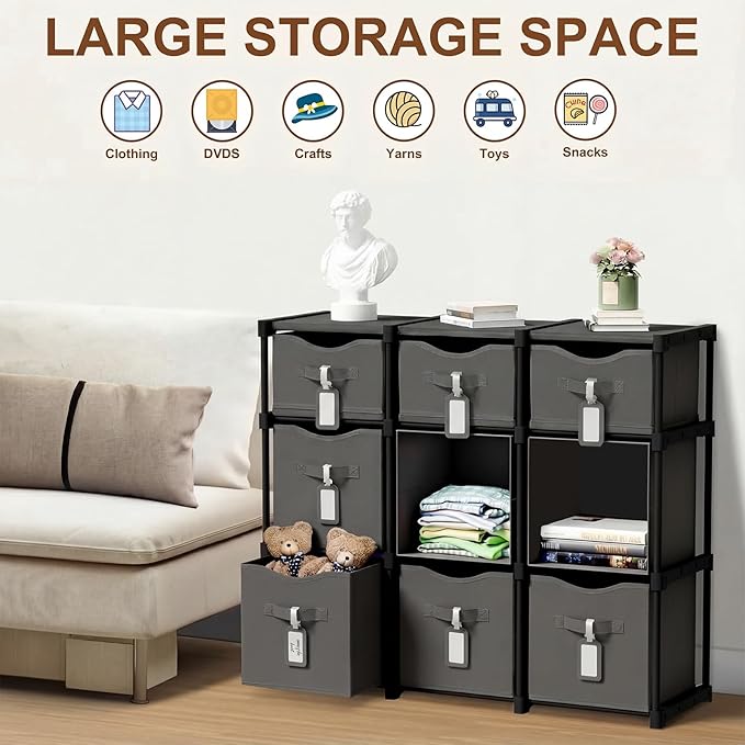 9 Cube Storage Organizer Shelf with Storage Bins and Label, 11 Inch Toy Cube Bins Clothes Closet Organizers Drawers Fabric Dr