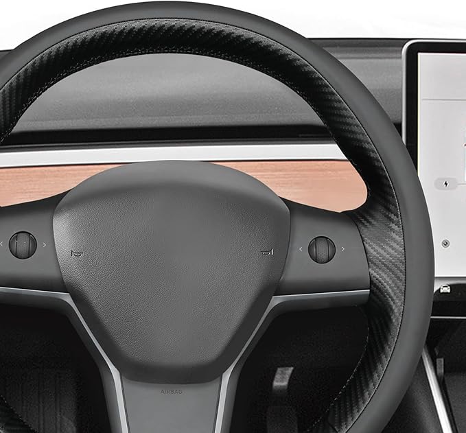 MEWANT Hand Stitched Real Leather Steering Wheel Cover for Tesla Model 3 2017-2023 / Model Y 2020-2023 for Tesla Model 3/Y Accessories(3D Style)