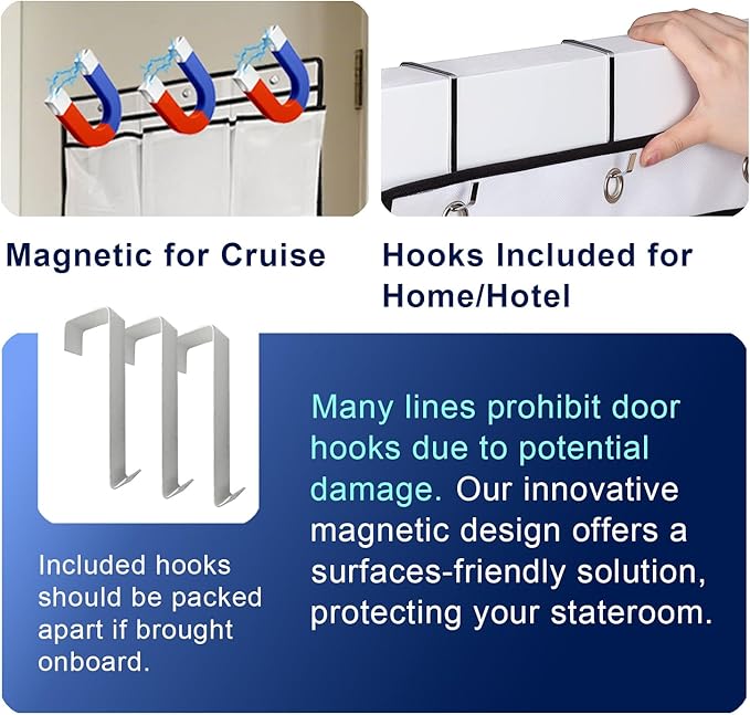 Magnetic Cruise Door Organizer – 13-Pocket Hanging Storage with 2 Large Shoe Pockets, No Hook Needed, Includes 3 Bonus Hooks,