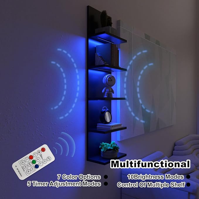 5-Tier Wall Shelf Unit with RGB Light, Floating Lack Shelf for Storage, Wall Mounted Vertical Display Shelf for Bedroom Livin