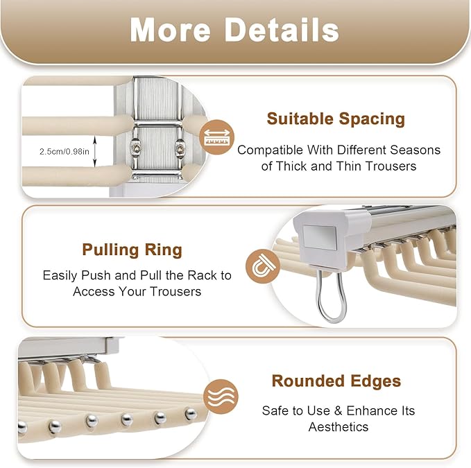 Pull Out Trousers Rack 22 Arms Closet Pants Hanger Bar Stainless Steel Hanger Rail Extendable Trousers for Clothes Towel Scar