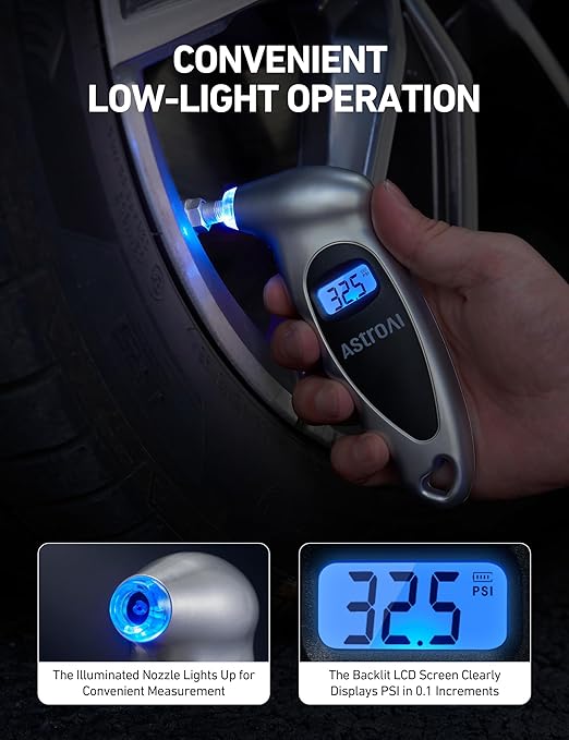 AstroAI Digital Tire Pressure Gauge 0-150PSI Calibrated to ANSI B40.7 +/-1PSI, 4 Units for Car Truck Bicycle with Backlight LCD and Presta Valve Adaptor, Sliver, 4Pack