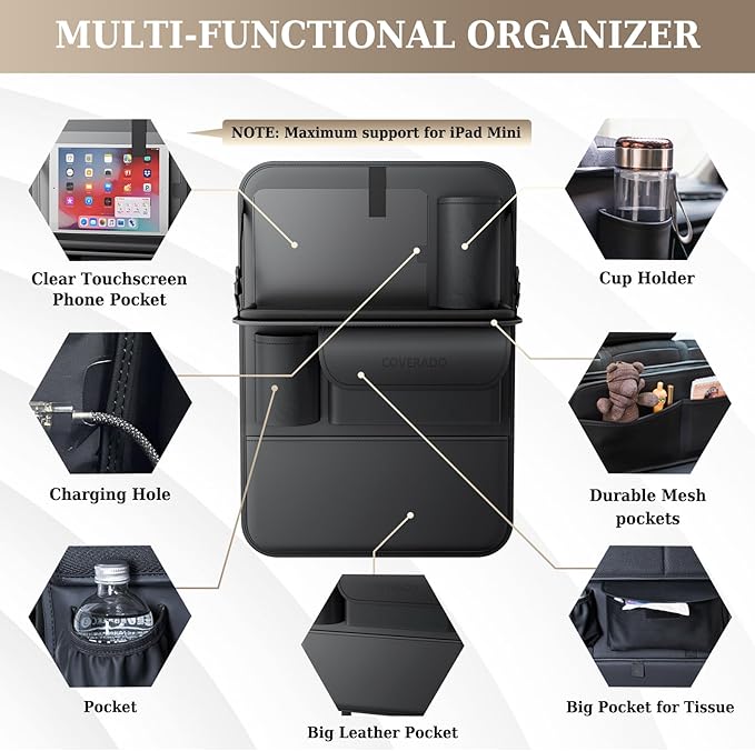 Coverado Car Backseat Organizer with Tablet Tray, Nappa Leather Organizer for Car Seat Back, Waterproof Car Seat Organizer with Touch Screen, Seat Protector Kick Mats for Kids