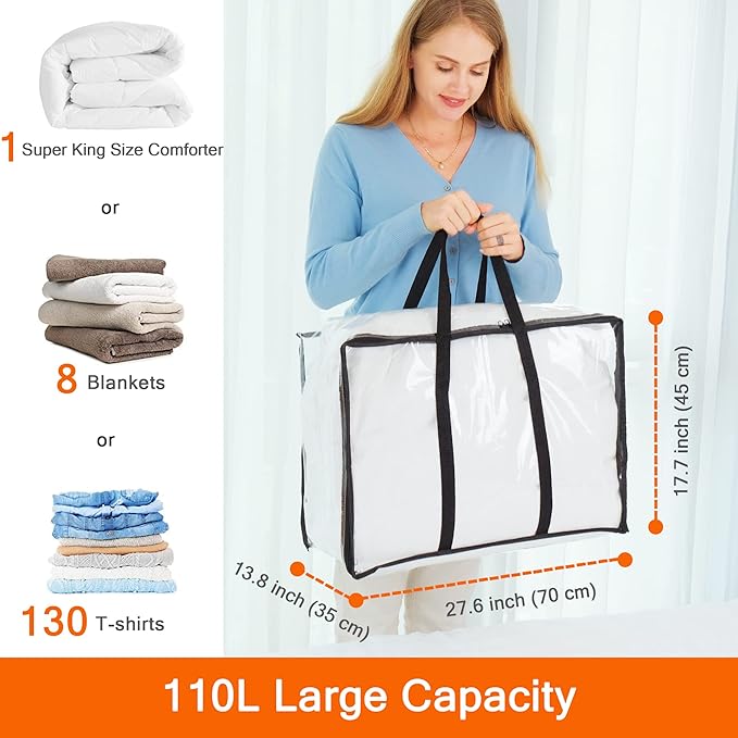 Vieshful 3 Pack Clear Storage Bags 110L Over-Sized Clothes Bags with Double Zippers Sturdy Handles Tote Moving Bags for Duvet