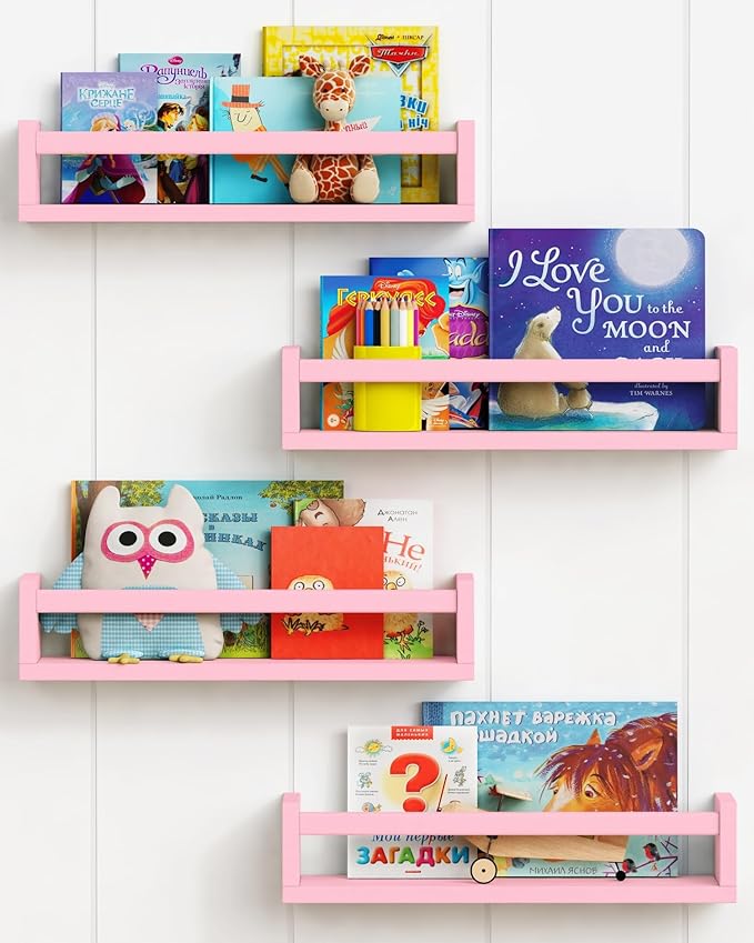 Forbena Pink Floating Shelves for Wall, Aesthetic Wall Bookshelf for Girls Room Decor, Wood Nursery Bookshelves for Toddler K