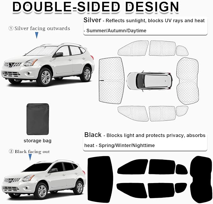KMF 8pcs Thicken Sun Shades for Nissan Rogue(Not Sport) 2014-2020 Accessories, Full Car Window Covers Sunshade for Windshield Side Rear, UV Block and Privacy Blackout for Car Camping Outdoor