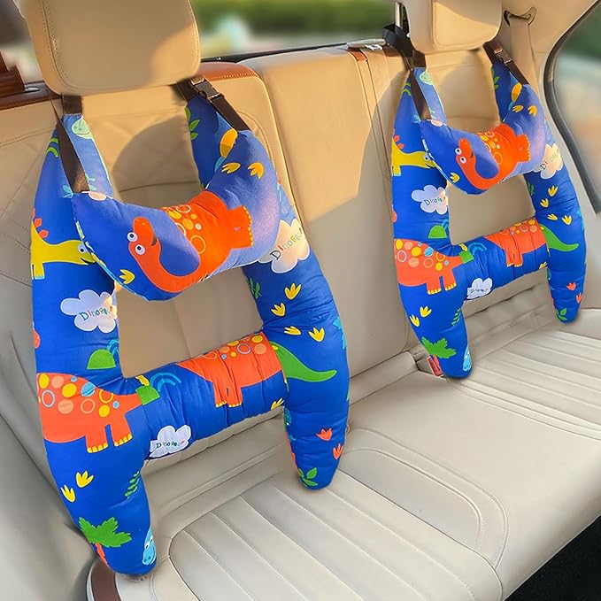 Upgraded Car Headrest Pillow Seatbelt Adjuster Pillow for Kids H Shaped Travel Pillow Cushion for Child Sleeping Neck Shoulder Support Cushion Pad Cartoon Anime for Baby (Blue Dinosaur)