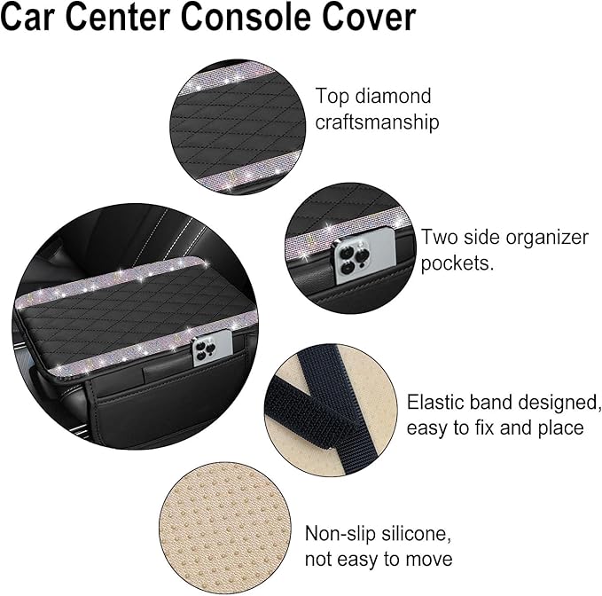 NBTEPEM Bling Car Center Console Cover, Leather Car Arm Rest Cover Cushion with 2 Storage Bags, Universal Auto Armrest Protector Storage Box, Bling Accessories Interior for Most Vehicles (Multicolor)