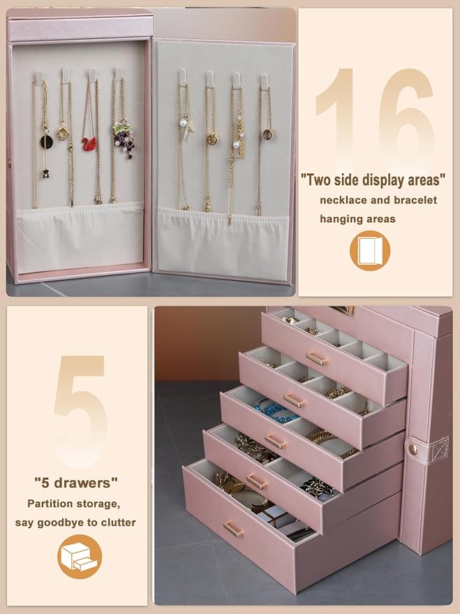 BOOVO Jewelry Box For women, 6 Layer Large Jewelry Organizer With Mirror, Multi-Function Storage Box With Lock, Necklace Hold