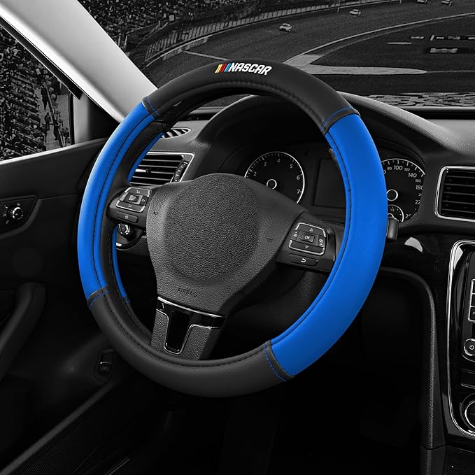 NASCAR Steering Wheel Cover, Two-Tone Blue Leather Patchwork, Universal Fit 14.5"-15.5" Steering Covers for Cars, Anti-Slip, 