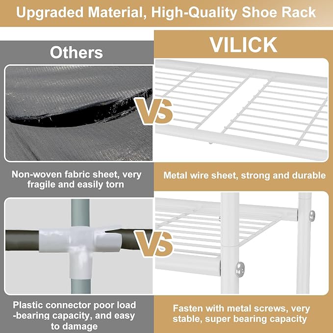 VILICK 3 Tier Shoe Rack 33" Wide Metal Shoe Organizer Long Shoe Storage with 4 Side Hooks Sturdy Shoes Shelf for Front Door E