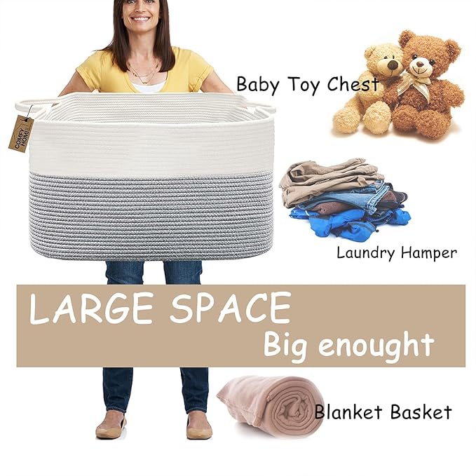 COMFY-HOMI Large Rectangle Laundry Storage Basket | Cotton Rope Woven, Organizing with Handle | Dirty Cloth & Baby Shower Bas