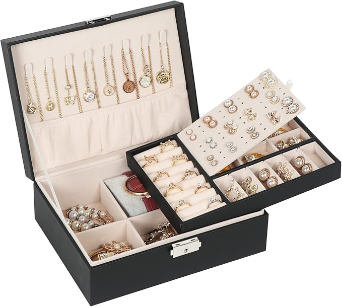 Jewelry Box for Women Girls, 2 Layers Jewelry Organizer Container with Lock, PU Leather Storage Case with Removable Tray, Jew