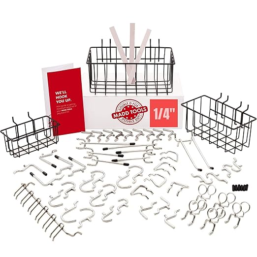 Extra Thick 60pcs Pegboard Accessories Organizer Kit | 1/4 Inch Peg Board Attachments | Peg Board Hook Set and Pegboard Baske