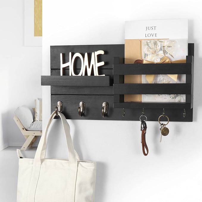 Lwenki Mail Organizer for Wall Mount – Key Holder with Shelf Includes Letter Holder and Hooks for Coats, Dog Leashes – Rustic