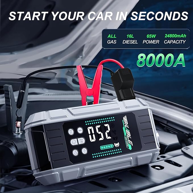 8000A Jump Starter with Air Inflator/Deflator Compressor, 65W Charging Car Battery Jump Starter (All Gas/16L Diesel),