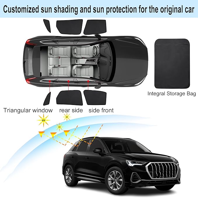 Front Side Half Window Shade Foldable Custom Fit for Audi Q3 2019-2026 Car Window Shades for Side Window Sun Shade UV Protection Heat Insulation for Camping Sleeping 6PCS