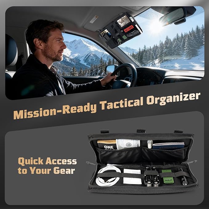 OneTigris Tactical MOLLE Sun Visor Organizer - Multi Pockets Car Visor Panel with Zipper Pouch, Detachable Photo/Info Panel & Glasses Clip for EDC Gear