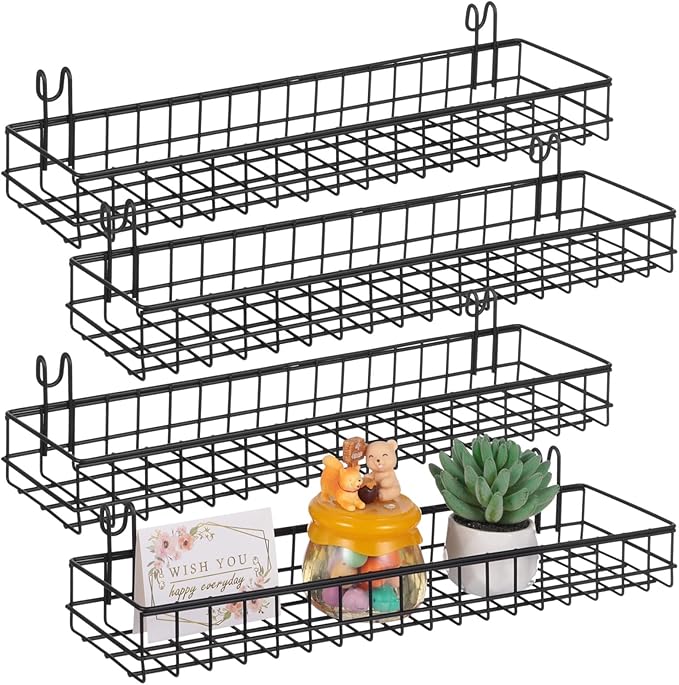 4 Pcs Metal Grid Wall Baskets with Hooks, 15.75 x 3.94 x 1.97 Inch Grid Wall Shelves Hanging Wire Basket Multi Function Stora