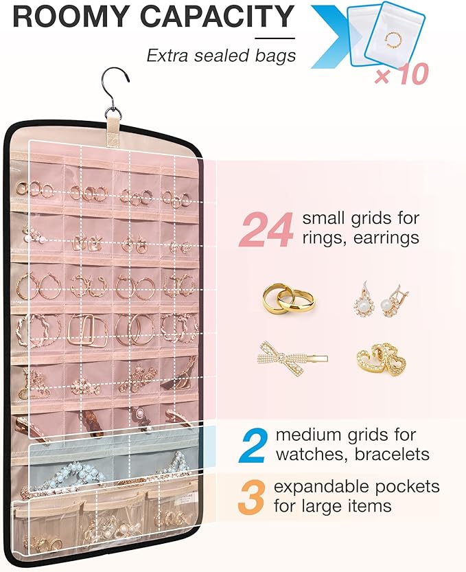 BAGSMART Hanging Jewelry Organizer, Necklace Holder Anti-tangle Earrings Rings Hanger with 10 Jewelry Bags Travel Storage Rol