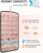 BAGSMART Hanging Jewelry Organizer, Necklace Holder Anti-tangle Earrings Rings Hanger with 10 Jewelry Bags Travel Storage Rol