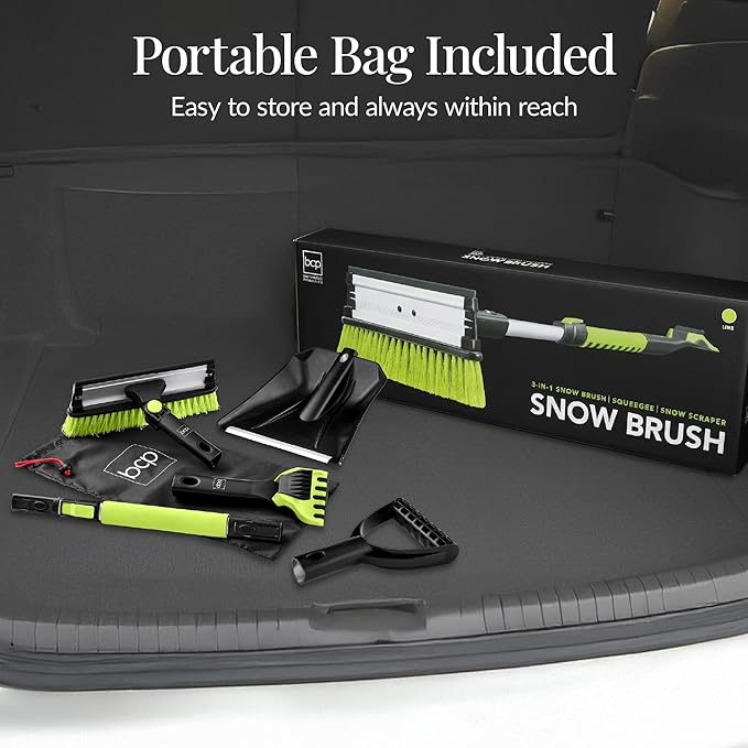 Best Choice Products 4 in 1 Snow Brush with Shovel, Squeegee & Ice Scraper, Up to 39" Extendable Foam Grip, 270° Pivoting Snow Brush for Car Truck SUV, Storage Bag Included - Lime