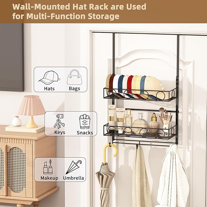 Over Door Hat Organizer 3 Tier Wall Mounted Hat Rack with 2 Adjustable Metal Basket and 3 Hooks Hat Organizer for Baseball ca