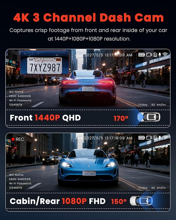 3 Channel Dash Camera for Cars,Triple Lens 4K+1080P+1080P Dash Cam Front Rear Inside,Built-in 5G WiFi & App, Night Vision,24H
