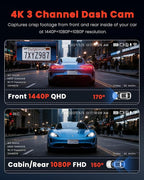3 Channel Dash Camera for Cars,Triple Lens 4K+1080P+1080P Dash Cam Front Rear Inside,Built-in 5G WiFi & App, Night Vision,24H