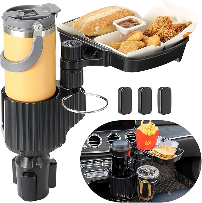 Car Large Cup Holder Expander, 3-in-1 Cupholder Extender with Swivel and Detachable Snack Food Tray Table for Eating, Travel 