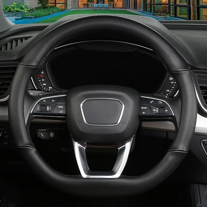 Cxtiy D Shaped Steering Wheel Cover, Genuine Leather Flat Bottom Stearing Wheel Cover Luxury Car Accessories 14 1/2-15 inch (Black)