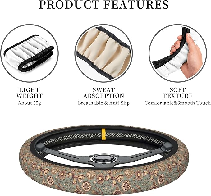 Steering Wheel Cover Universal Fit Car Interior Accessories for Women Men 15 Inch Breathable Anti Slip Odorless Neoprene Stee