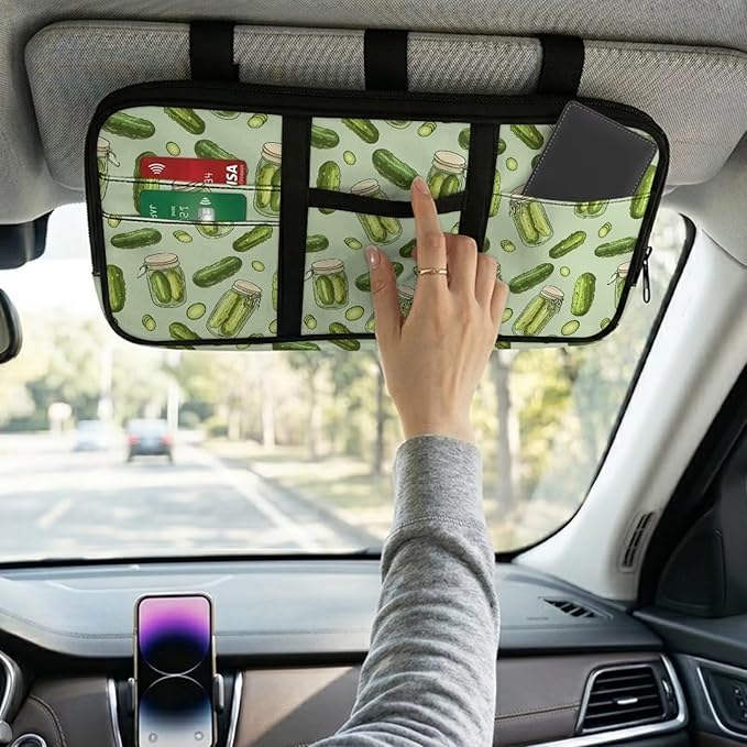 Funny Cucumber Car Sun Visor Organizer Fashion Car Sun Visor Storage Bag with Card Holder Easy to Store Universal Size Fit for Most Cars SUV