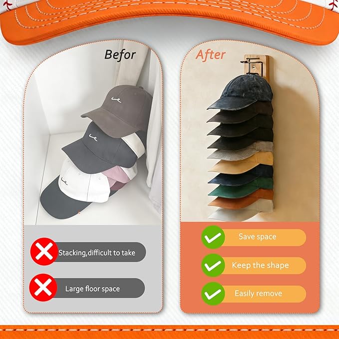 Hat Organizer for Baseball Caps 2 Pack - Wood & Metal Wall Hat Rack with Strong Adhesive & Screws, Holds Up to 22 Caps, Dual 