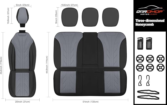 CAROMOP Luxury Faux Leather&Fabric Car Seat Covers Full Set with Breathable 3D Foam Back Support,Universal Comfortable Seat C