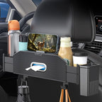 Back Seat Car Organizer,4 in 1 Multifunctional Car Back Seat Storage Box with Trash Can Drink Cup Holder Tissue Box, for Hold Phone,Snacks, Drinks, Handbag-Grid