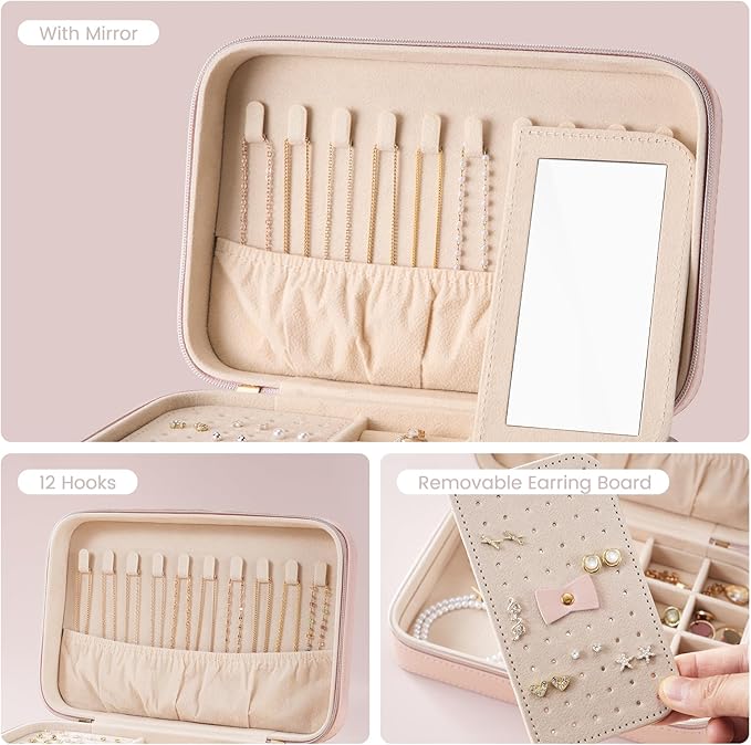 Lolalet Travel Jewelry Case for Women Girls, Travel Jewelry Organizer Box with Mirror & Clear Storage Bag, Small Portable Ear