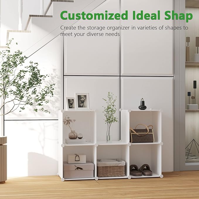 C&AHOME 6-Cube Storage Organizer, Stackable Storage Cubes Shelves, Portable Bookshelf, Plastic Clothing Storage Closet Organi