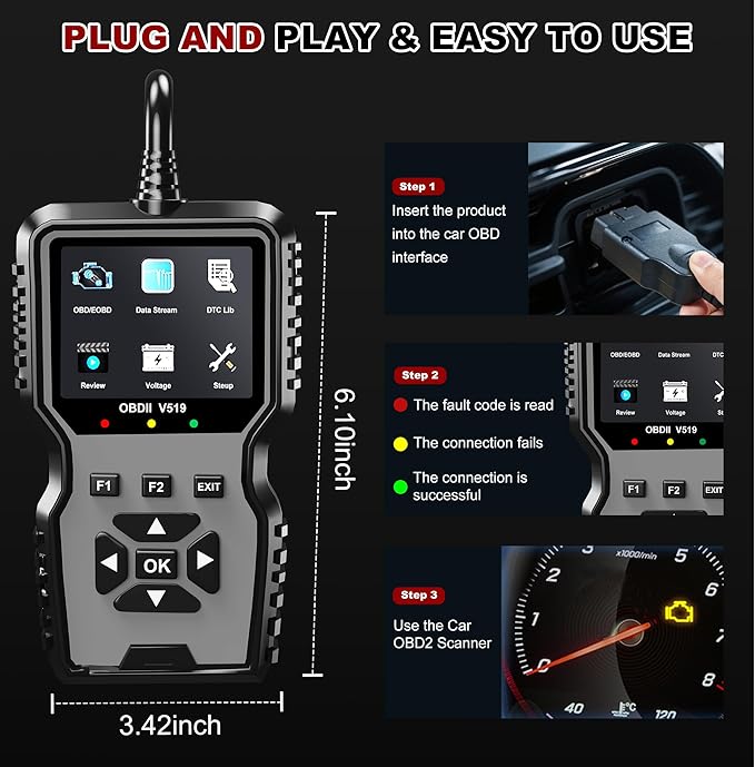 V519 OBD2 Diagnostic Scanner Tool - Vechicle Check Engine Light Code Reader with Battery Voltage Tester, I/M Readiness, Reset,