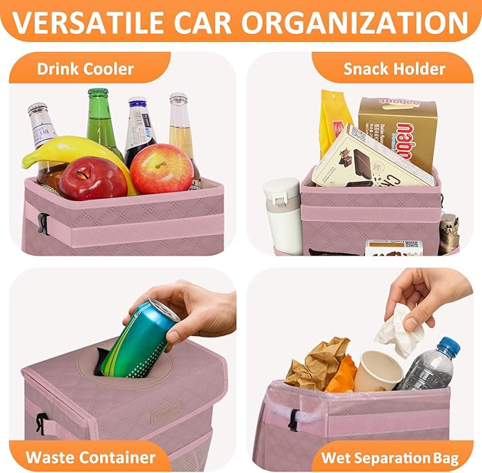 Car Trash Can Cute Trash Bag Bin Hanging Waterproof Automotive Garbage Cans Leak Proof Vehicle Trash Can Diamond Pattern-Pink