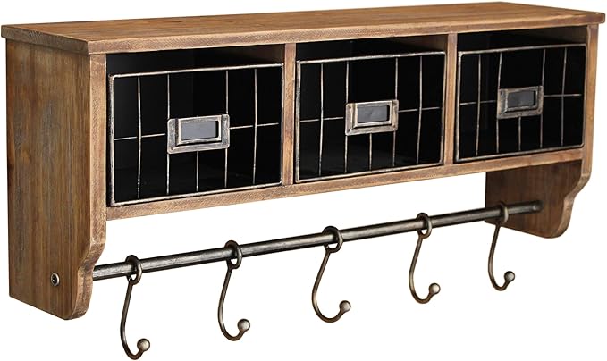 BizChair Wall Mounted Storage Rack - Rustic Brown Solid Pine Wood - 24 Inch - Upper Shelf - 5 Hooks - Wire Baskets - For Entr