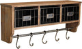 BizChair Wall Mounted Storage Rack - Rustic Brown Solid Pine Wood - 24 Inch - Upper Shelf - 5 Hooks - Wire Baskets - For Entr