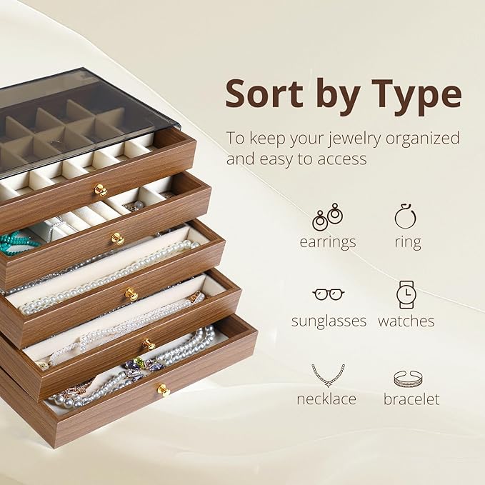 CLUQMEIK 5 Layer Large Wooden Jewelry Box with Acrylic Lid and Wooden Drawers, Stackable Jewelry Organizers and Storage Box f