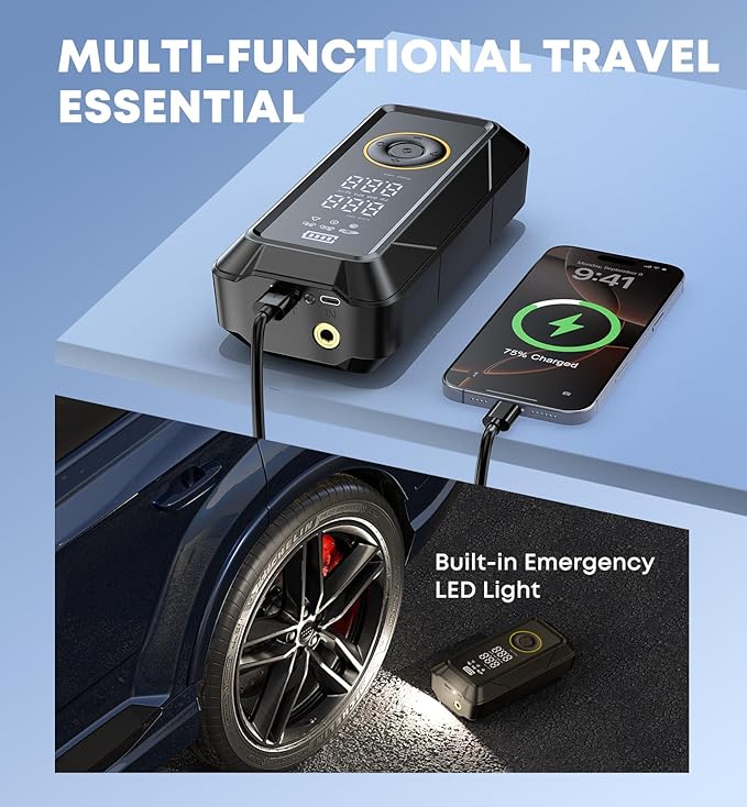 Tire Inflator Portable Air Compressor Portable Air Pump Cordless Bike Pump with Digital Dual Values Display 150 PSI Car Tires Pump with LED Lights Air Pump