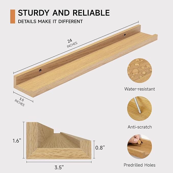 Fun Memories Picture Ledge Shelf, 24 Inch Floating Shelves Set of 2, Nursery Book Shelves for Toys Storage, Kids Bookshelf Wa