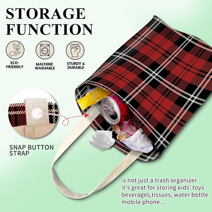 Car Trash Can, Hanging Car Organizer and Storage Bag, Trash Bin for Vehicle, Travelling, Camping Black and Red Checkerboard