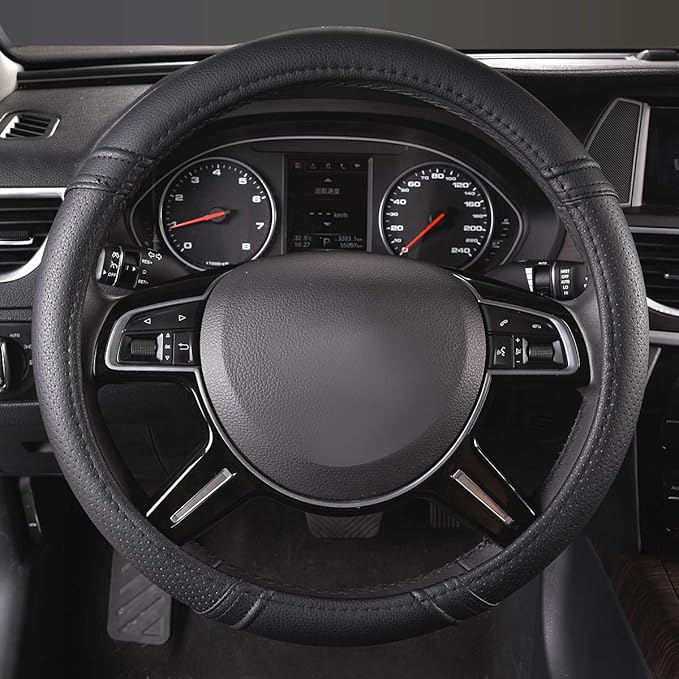 Car Pass Classical Leather Automotive Universal Steering Wheel Covers,Universal Fit for Suvs,Trucks,Sedans,Cars,Vans,14.5-15i