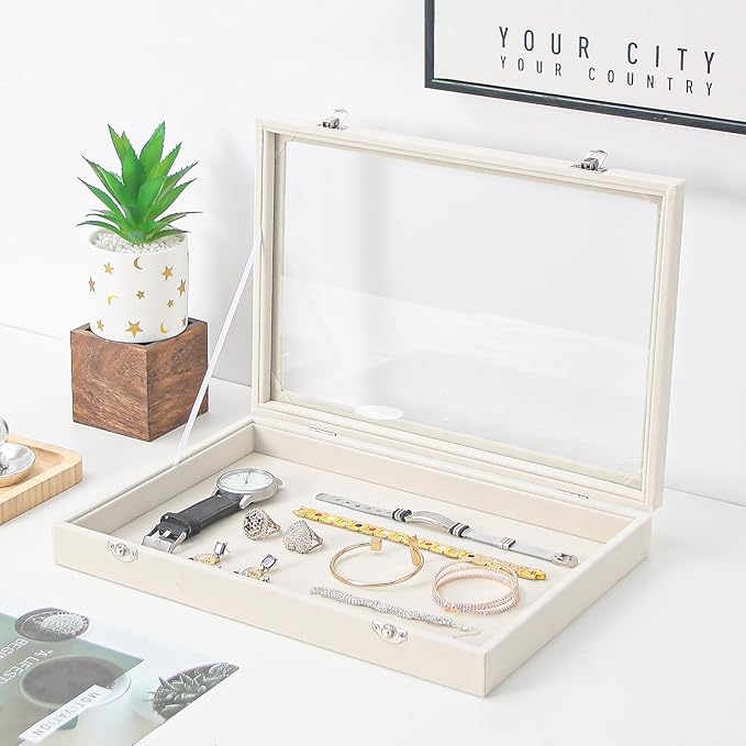 Coward Jewelry Organizer Box, Beige Velvet Blank Display Tray Case with Lid for Storage Necklaces Bracelets Rings Beads and J