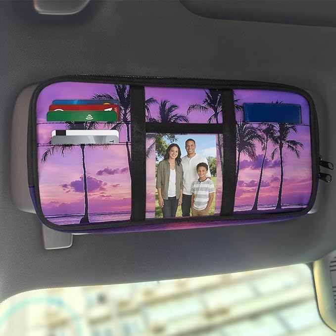 Car Sun Visor Organizer Sunset Palm Tree Car Sun Visor Storage Bag with Big Zipper Pocket Cars Accessories Easy Installation Suitable for Cars SUV