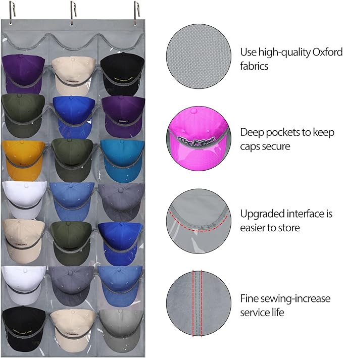 Dofilachy Hat Rack - Hat Organizer - Hat Racks for Baseball Caps, Visible Hat Holder - Baseball Rack for Wall Door with 3 Hoo